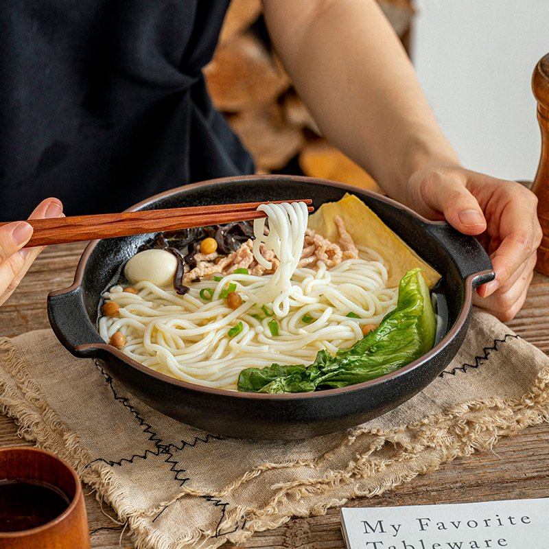 Cast Iron Black Restaurant Noodle Soup Bowl Serving Large Ceramic Bowl