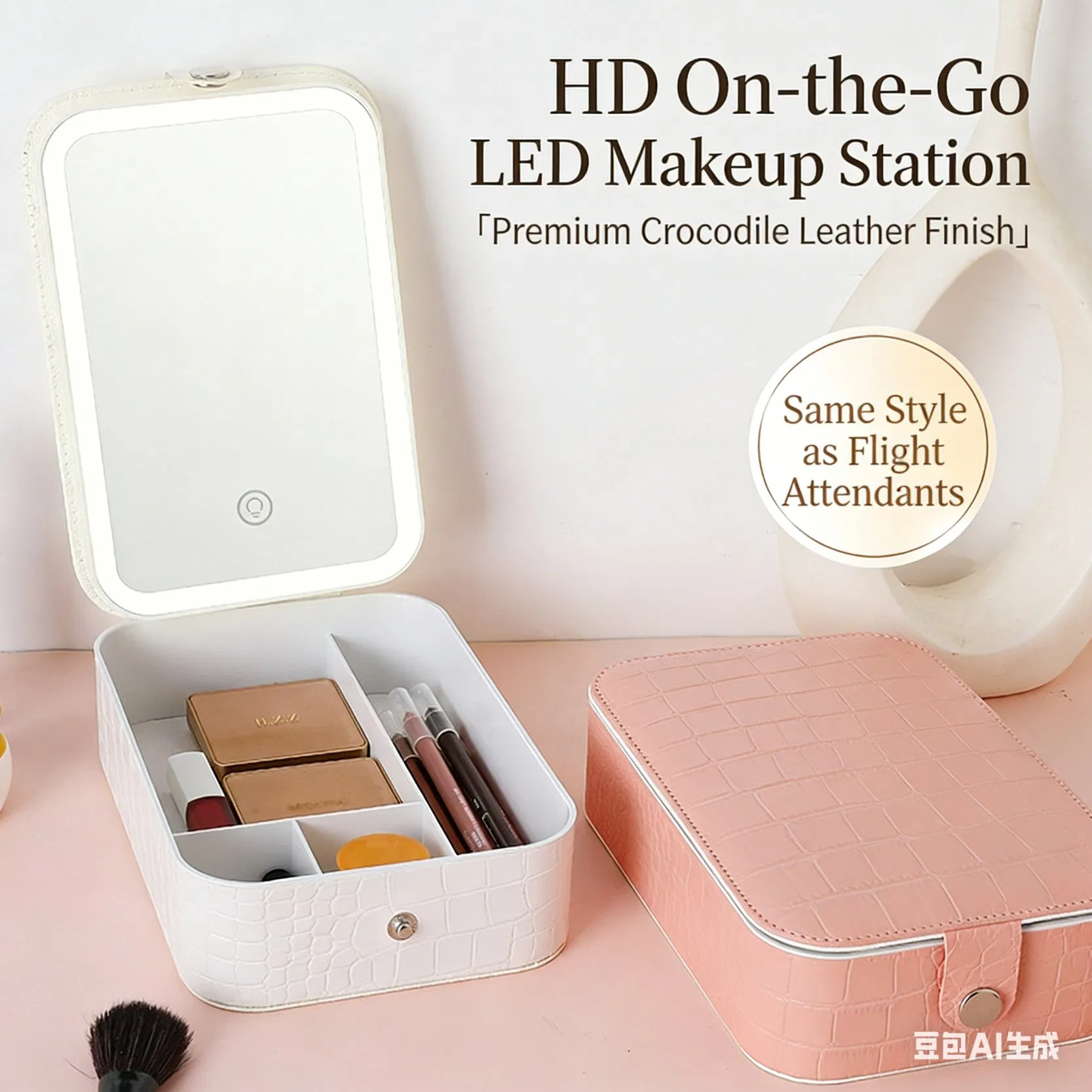 Crocodile Pattern LED Makeup Mirror with Storage