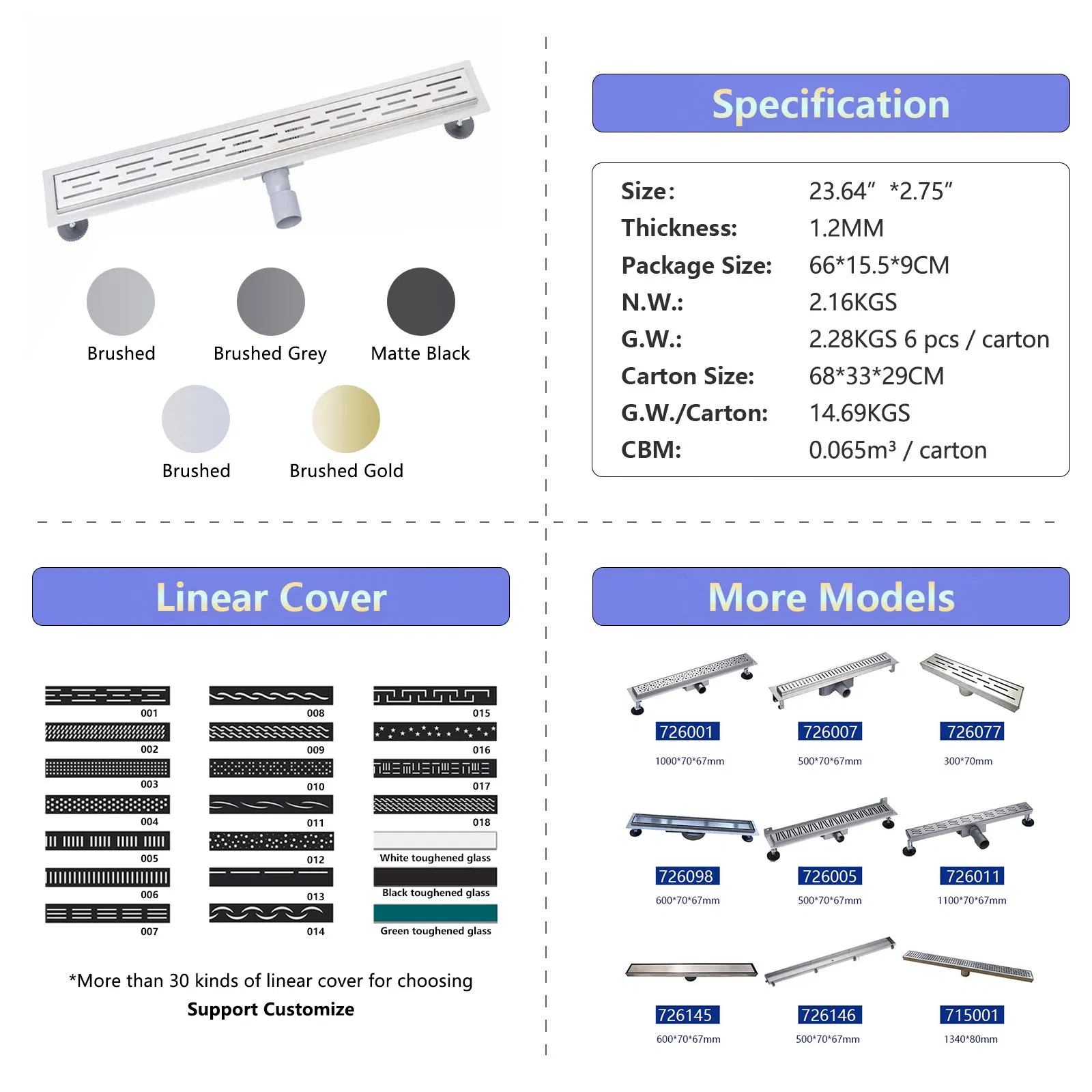 Bathroom Invisible Stainless Steel Shower Drain Long Linear Tile Insert Floor Drain