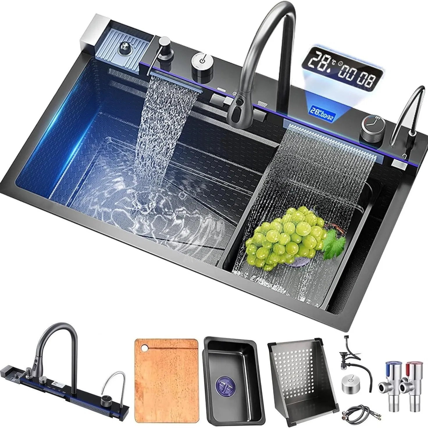 Wash-Basin Waterfall-Faucet Stainless Steel PVD Nano Multifunctional Smart Kitchen Sink with Accessory