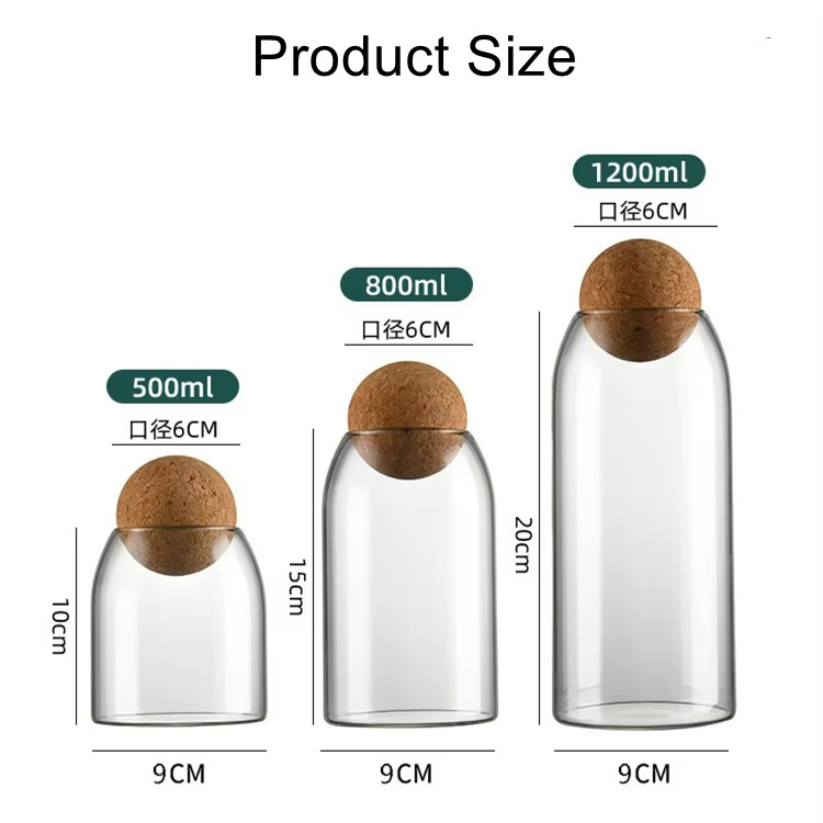 High Quality Borosilicate Glass Storage Container Clear Kitchen Glass Storage Jar with Cork Ball Lid for Spices