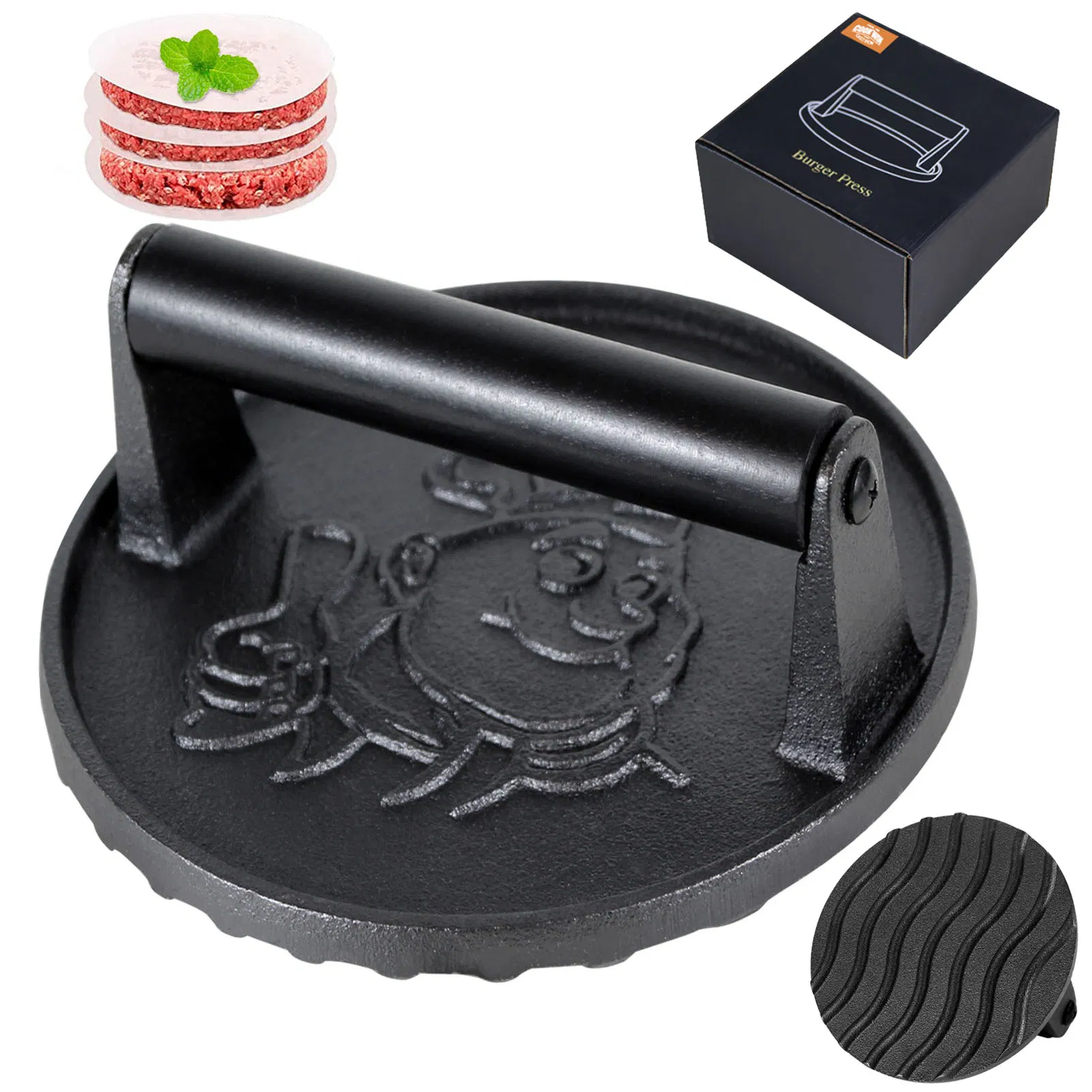 15cm 6 Inch Durable Black Cast Iron Smash Burger Press with Wood Handle Non-Stick Round Outdoor Meat Food Press for Bacon and Grill Maker