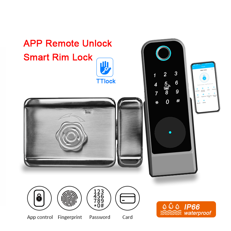 Waterproof Outdoor Fingerprint Ttlock Smart WiFi Gate Door Rim Lock