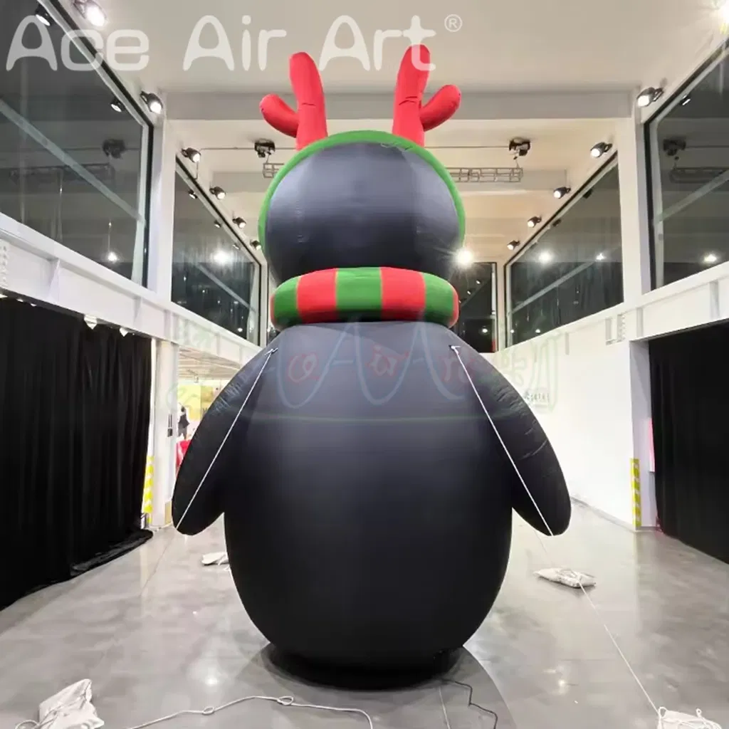 Giant Cute Inflatable Penguin with Christmas Scarf and Antler Headband for Holiday Decor
