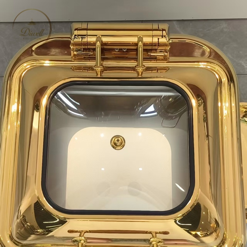 Luxury 6 Liter Square Hotel Buffet Food Warmer Gold Chafing Dishes