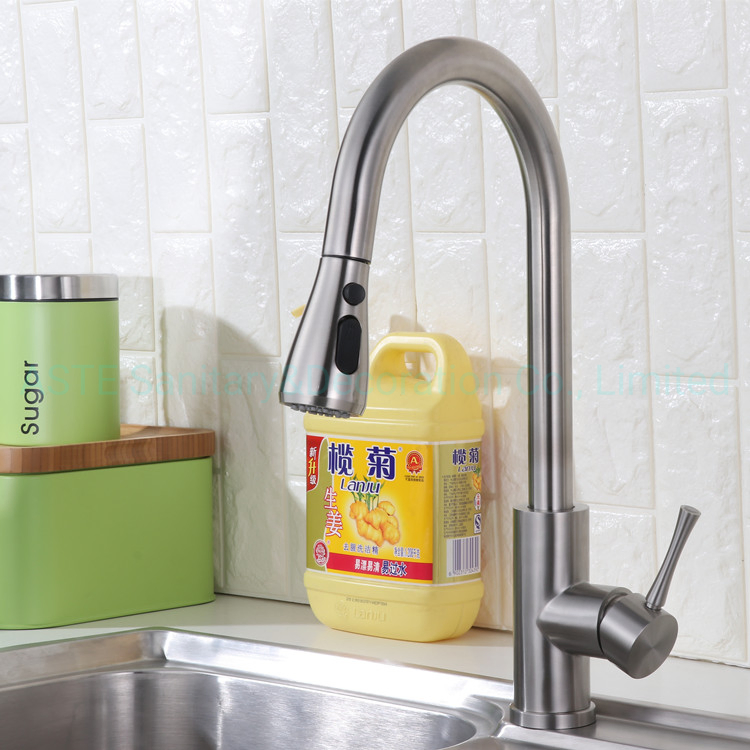 Pull out Satin Finish with Heated or Normal Temp Water Outflow 360 Degree Swivel Single Handle Stainless Steel Kitchen Mixer Faucet Tap for Pokf32011