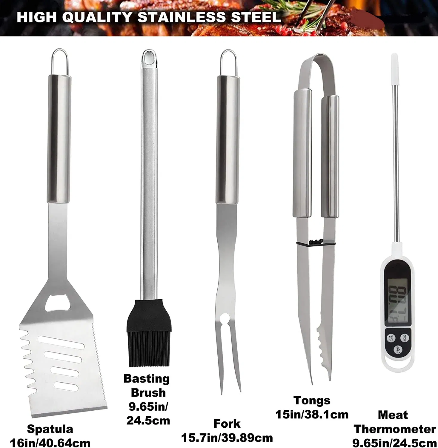 20 PCS Stainless Steel Outdoor Charcoal BBQ Grill Barbeque Set Barbeque Set with Thermometer BBQ Tools Set