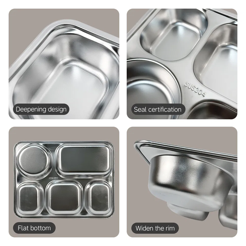 5 Compartments Custom Size Logo Indonesia 304 Stainelss Steel Food Tray