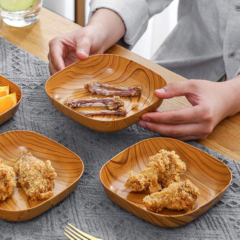 Melamine Wood Grain Square Bone Dish, Snack Dried Fruit Cake Snack Tea Art Bone Dish Tray