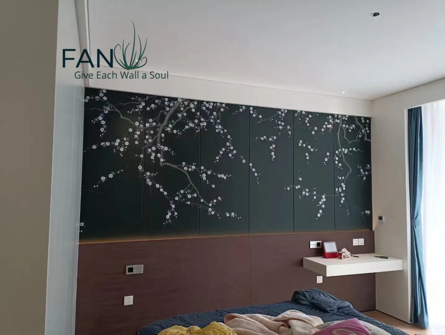 Luxury Hand-Painted White Plum Blossom Dark Green Background Wallpaper for Home Improvement