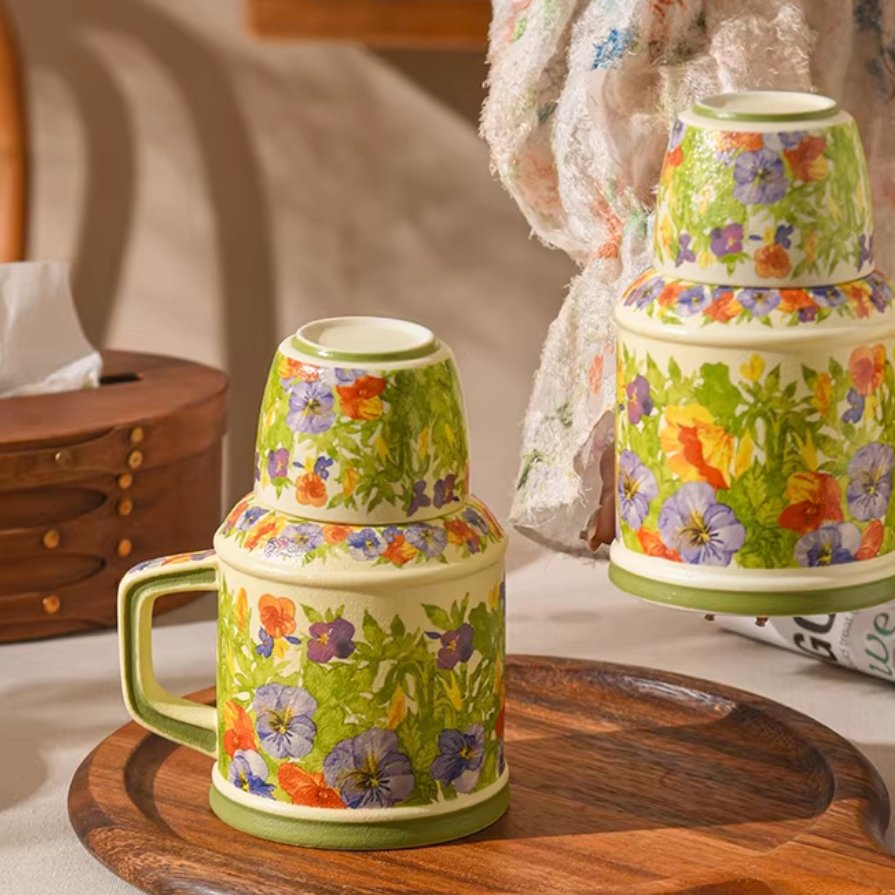 Three-Color Water Bottle Cup, Household Afternoon Tea Ceramic Cup, Office Retro Mug, Ceramic Lidded Teacup