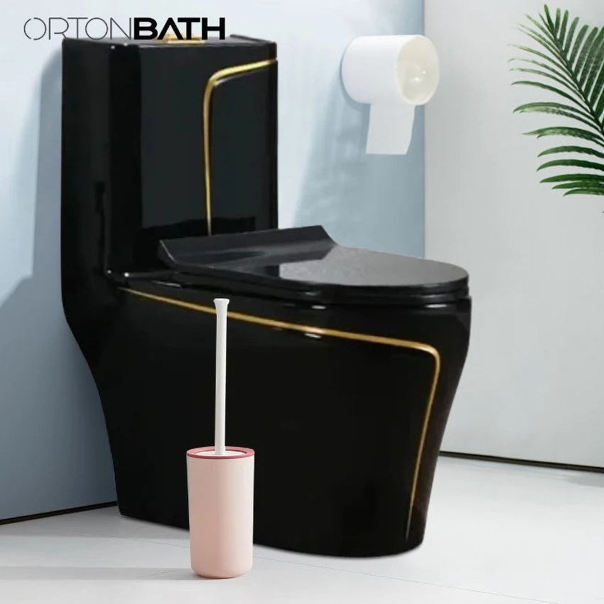Ortonbath Glossy Black with Gold Line Middle East Toilet Sanitary Ware Small Toilet Seats Siphon One Piece Ceramic Wc Toilets