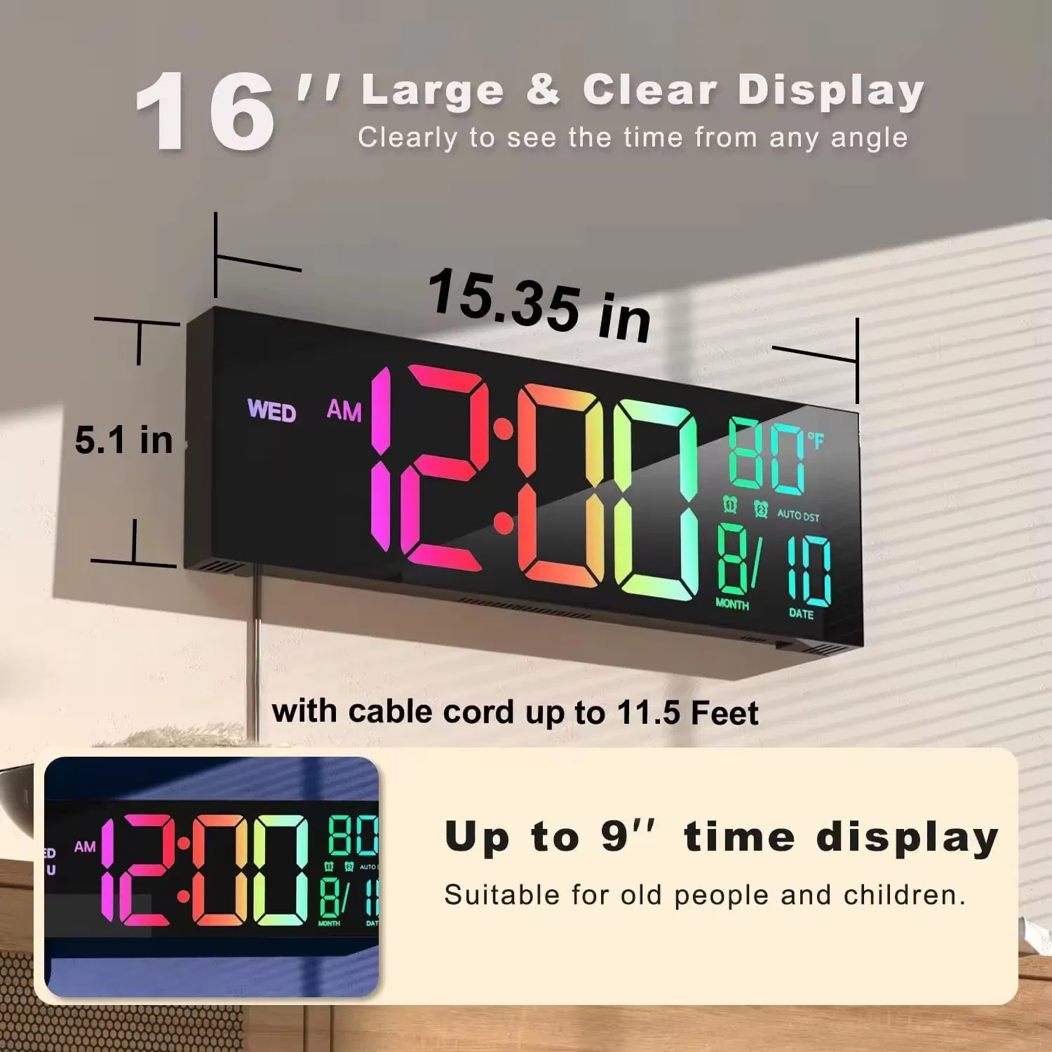 15.98 Inch Large Digital Wall Clock, RGB Lights with Remote Control, Dual Alarms with Big LED Display, Auto Dst, C° / F° Temperature for Classroom