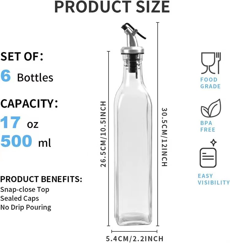 250ml Transparent Square Glass Olive Oil Bottle with dispenser