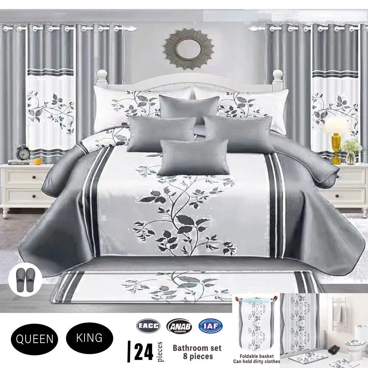 Bathroom 8PCS Suite Printed Quilted Bedding Set Black Polyester Home Hotel Textile 24-Pieces ODM Pillowcases Bedspread with Curtain Supplier