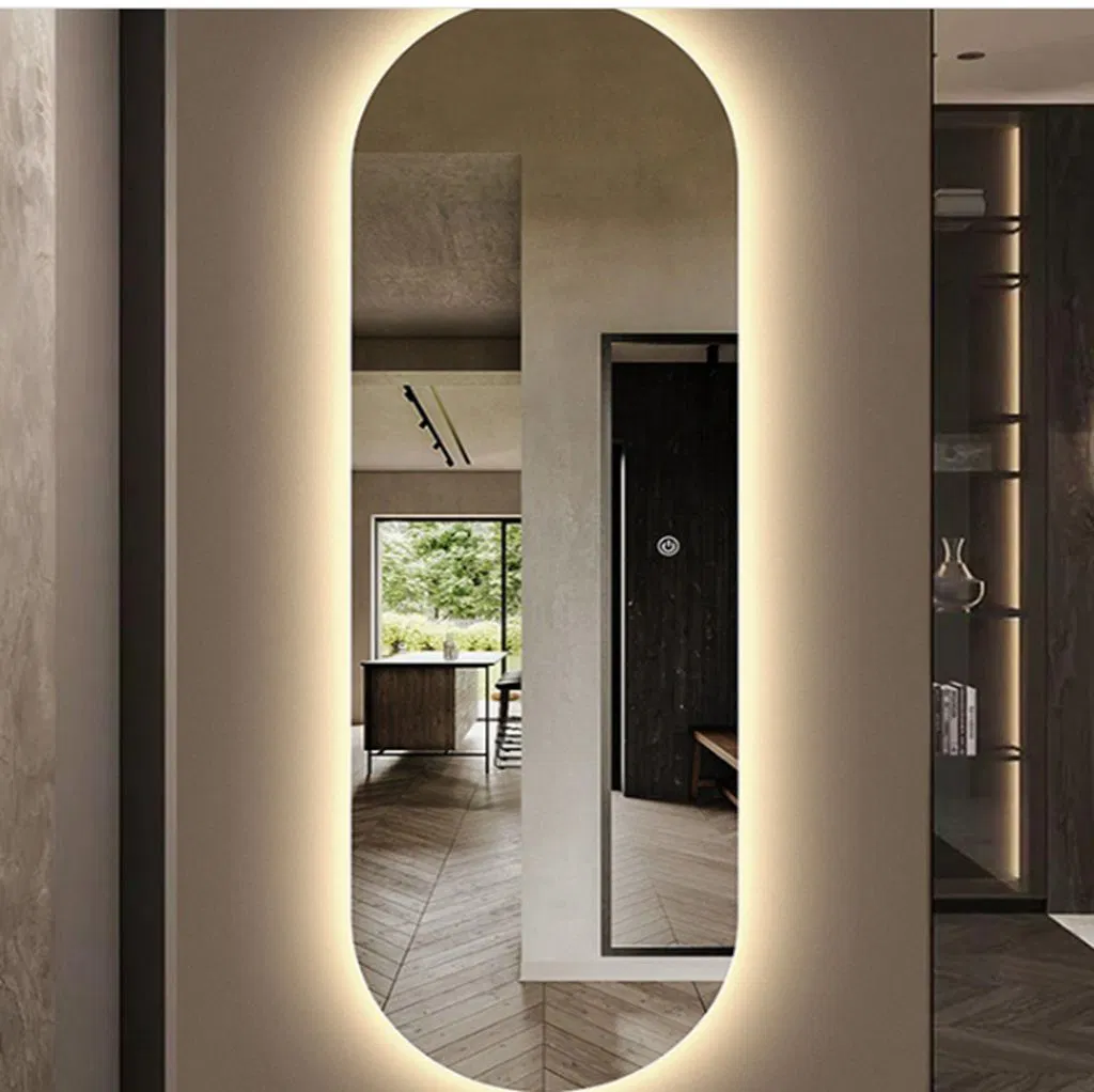 Oval Wall Big Size Dressing Makeup LED Backlit Barbershop Hotel Furniture Bathroom Laminated Wall Silver Decorative Vanity Full Length Smart Mirror