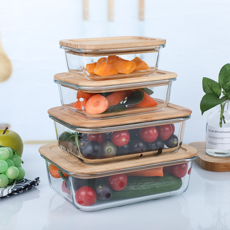 Food Storage Glass Food Container/ Lunch Boxes Round/Square Shape/with Bamboo Lid/200ml 1500ml