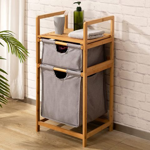 Wholesale Customize Bamboo Freestanding Laundry Storage Basket Rack