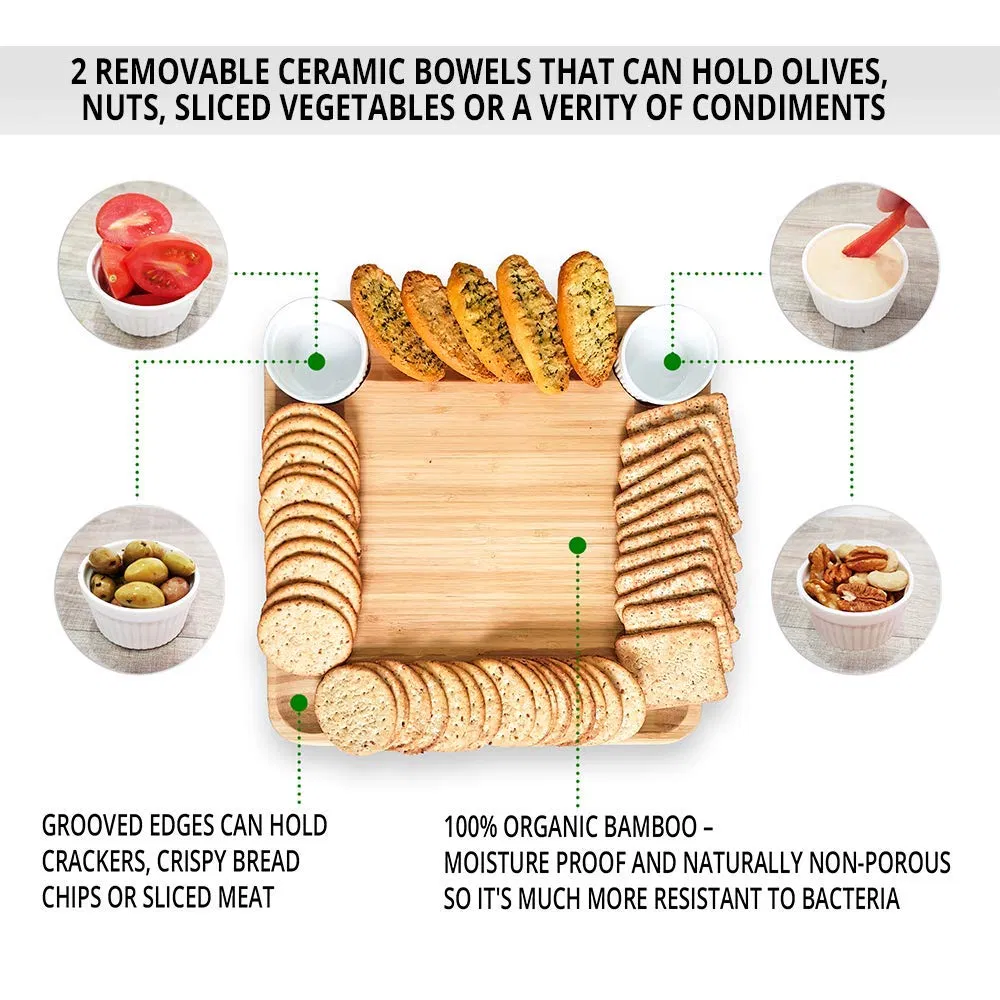 Premium Bamboo Cheese Board and Cutlery Set with Hidden Drawer