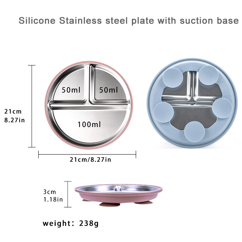 Stainless Steel Baby Plate with Removable Silicone Suction Base Toddler Divided Plate