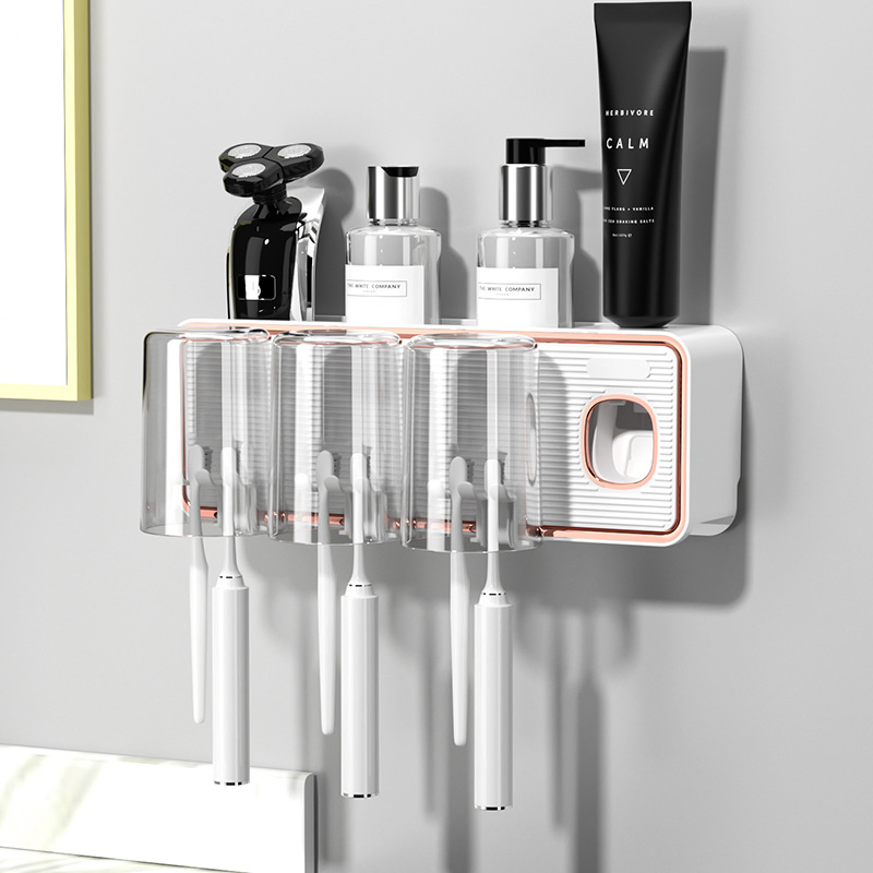 Wall-Mounted Punch-Free Toothbrush Holder, Mouthwash Cup, Automatic Toothpaste Dispensing Rack, Storage Rack