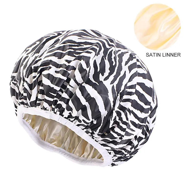 Customized Shower Cap Waterproof Double Layer Satin Lining Reusable EVA Bath Cap