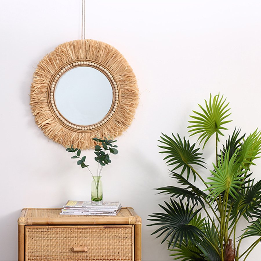 Rattan Mirror with Grass Decor