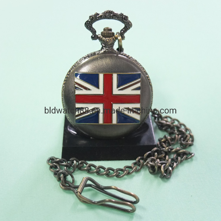 Best Gift Alloy Japan Movement Quartz Pocket Watch with Flag Pattern