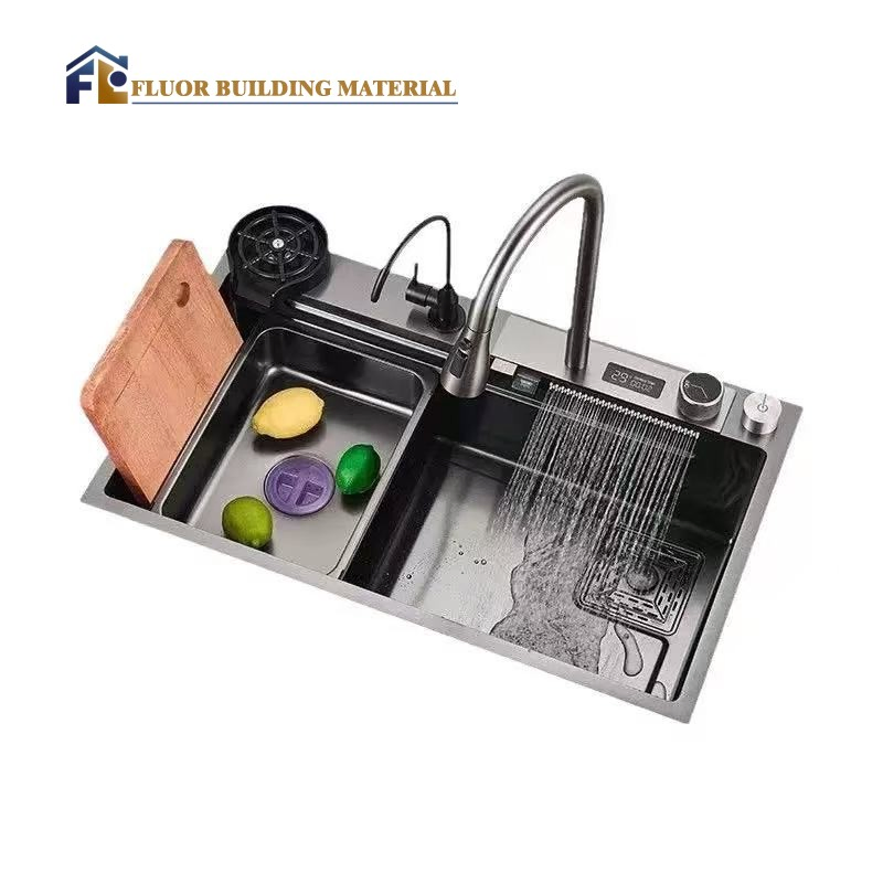 Waterfall Kitchen Bowl Flying Rain Nano Stainless Steel Smart Sink Black