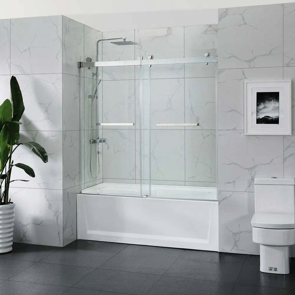 USA New Product Tempered Glass Frameless Stainless Steel Handle Sliding Shower Door