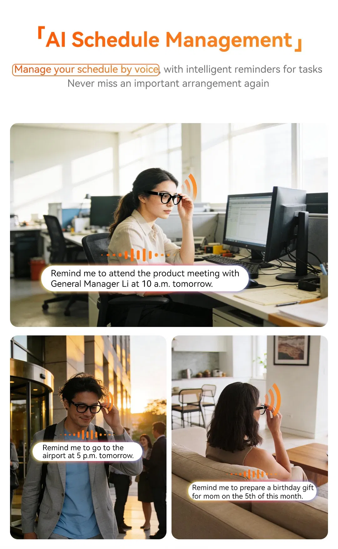 Ai Smart Eye Glasses Black Transparent Design 1080P Call Video 8MP Camera for WiFi Voice Wake-up Navigation Anti-Shake