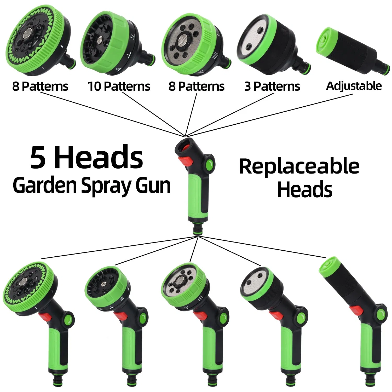 Switchable 5-in-1 Garden Water Hose Nozzle Garden Pressure Spray Gun Car Washing Sprayer with Multi Patterns