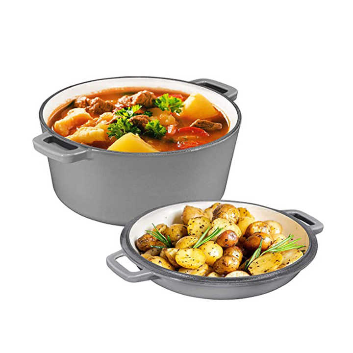 2 in 1 Cast Iron Double Dutch Oven Pre-Seasoned 5-Quart Multi-Cooker Combo Dutch Oven Set Induction Safe