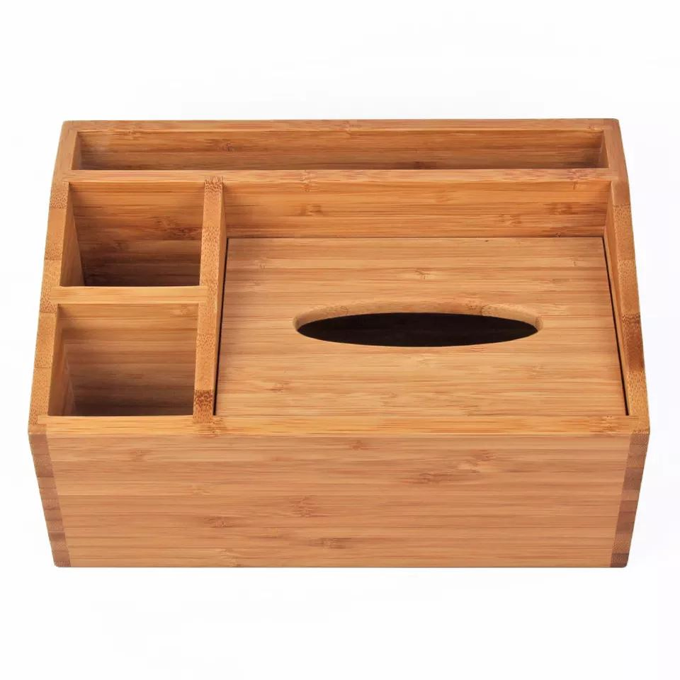 Multifunctional Natural Bamboo Desk Organizer Storage Tissue Box for Office and Home