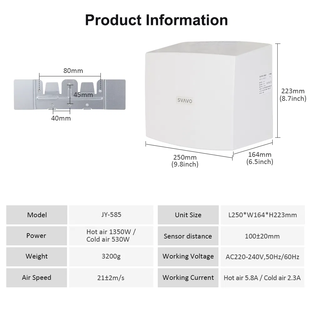 Commercial Restrooms Wall Mounted 1350W Warm Cold Wind Hand Dryer