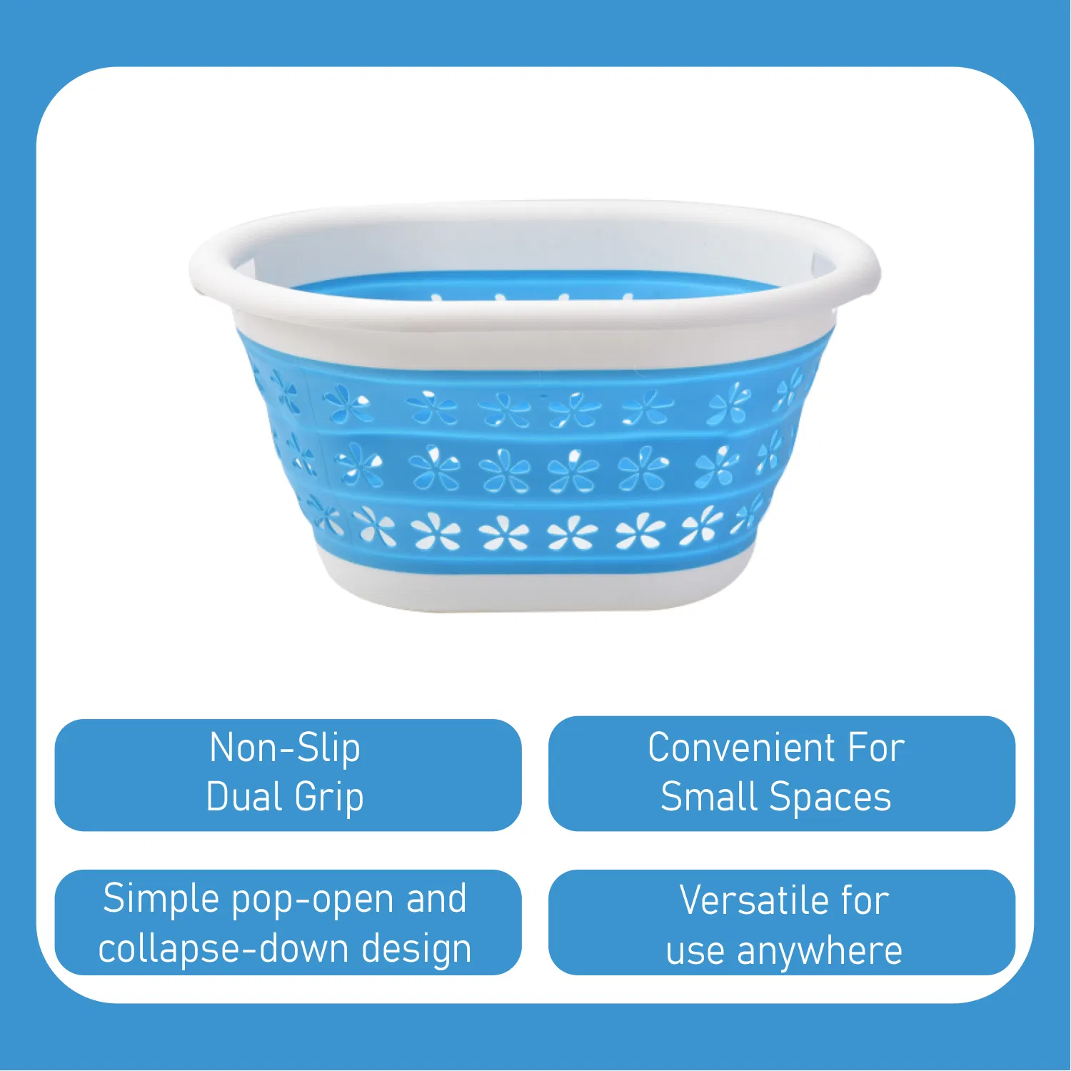 Blue Collapsible Plastic Laundry Basket Silicone, Space Saving Storage Container Toys Organizer