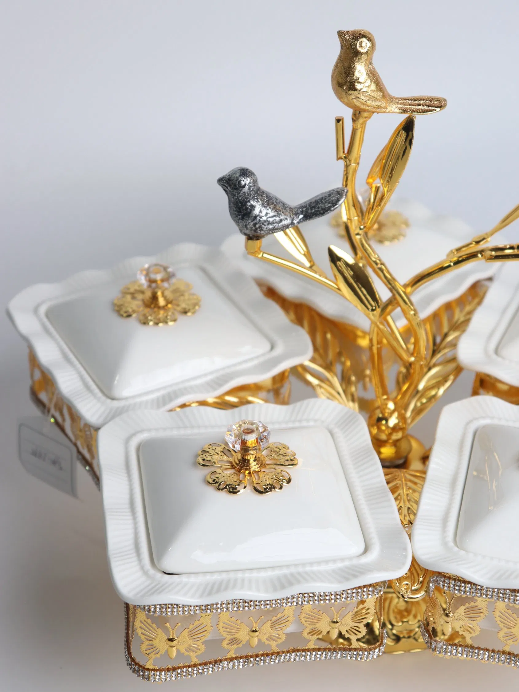 Home Ornament Gold-Plated Iron Frame with 5 Square Ceramic Bowl