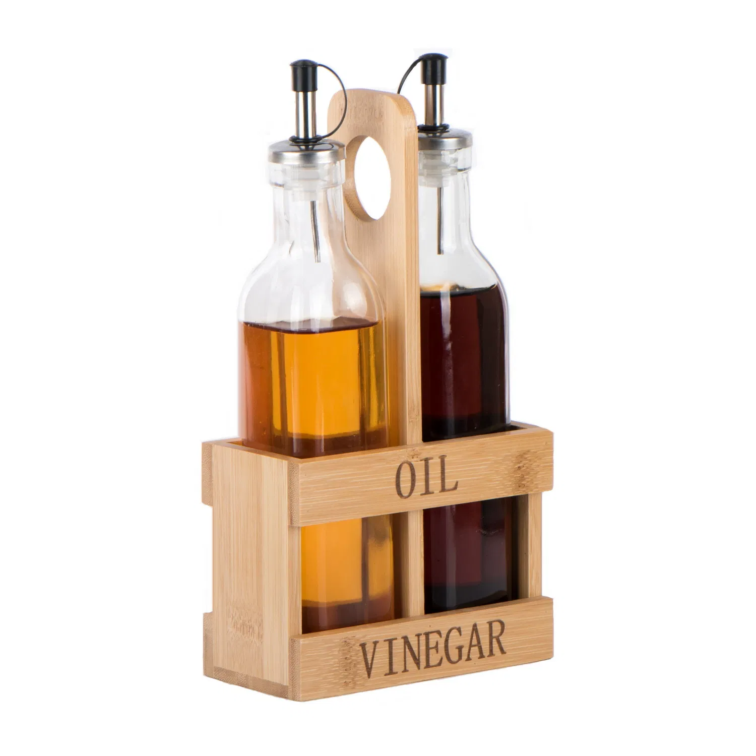 2PCS 280ml Square Glass Oil Vinegar Bottle with Wooden Rack