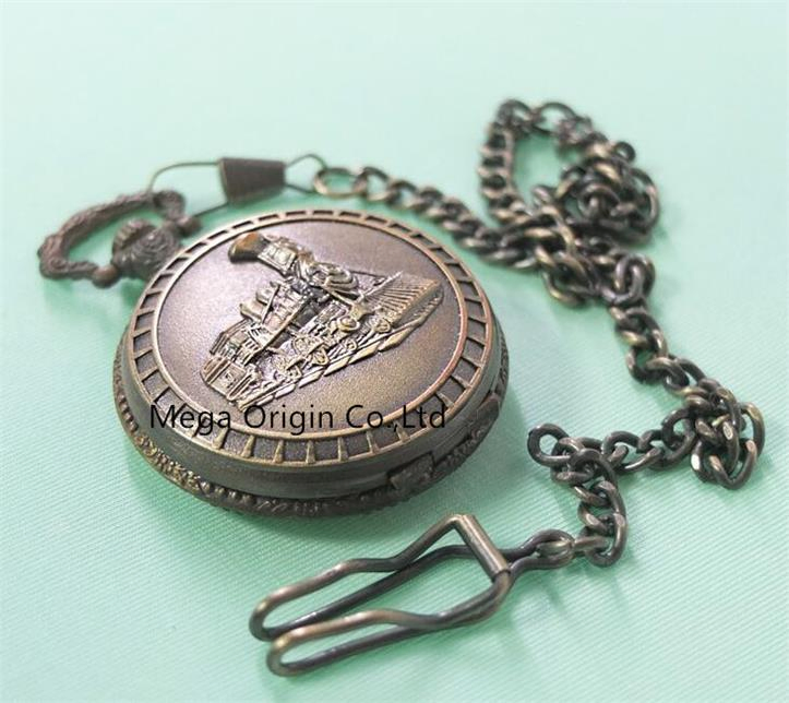 Custom Japan Movement Vintage Steam Engine Embossed Antique Pocket Watch