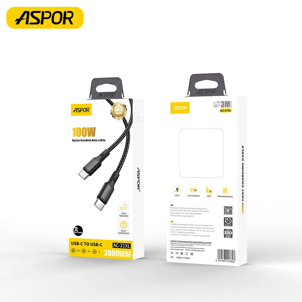 Aspor 100W Super Fast Charging Cable Nylon Braided Type-C to Type-C AC-21