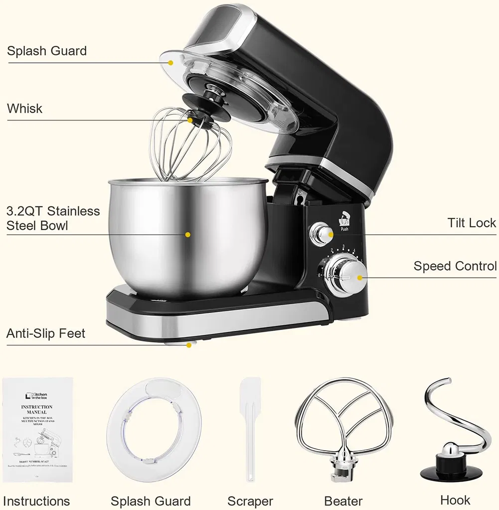 Ds-5601BL Stand Mixer, 3.2QT Small Electric Food Mixer, 6 Speeds Portable Lightweight Kitchen Mixer for Daily Use with Egg Whisk, Dough Hook, Flat Beater