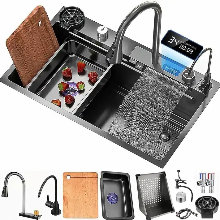 Golden High-Quanlity Smart Digital Waterfall Handmade Stainelss Steel Kitchen Sink