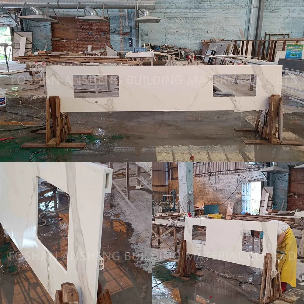 Precut Silky Finish Calacatta White Large Size Sintered Stone Countertop Island Kitchen Bench Design