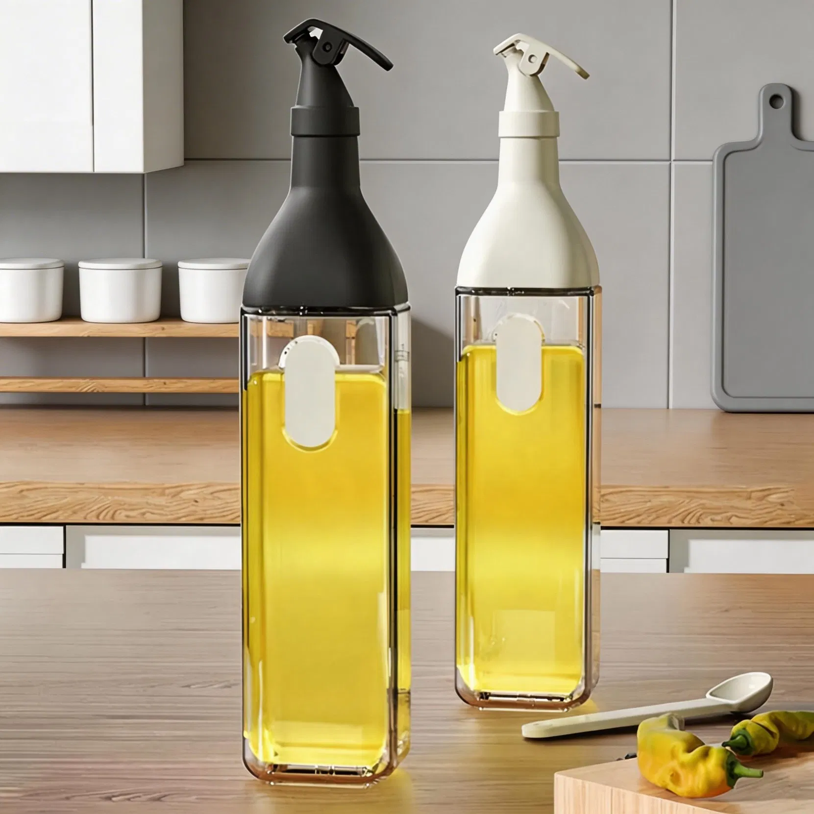Multicolor Square Glass Oil Bottle with Wooden Stopper for Rustic Kitchen Aesthetic