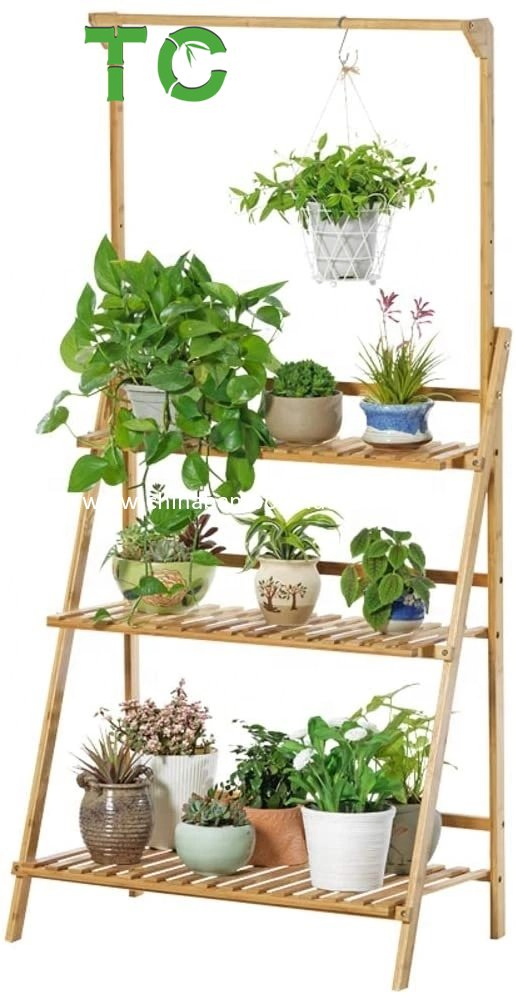 Wholesale 3-Tier Foldable Bamboo Hanging Plant Stand Flower Pot Organizer Storage Rack Display Rack Flower Stand Rack