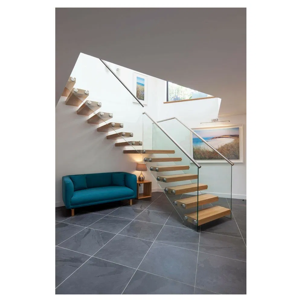 Orient Floating Stairs Hidden Stringer Wooden Tread Glass Railing Blustrade Straight Staircases