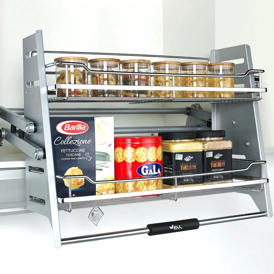 Wellmax Multiple-Function Three Side Kitchen Wall Cabinet Organizer Storage Wall Modern Design Lift Downsteel Chrome up Kitchenware Pull out Wire Basket