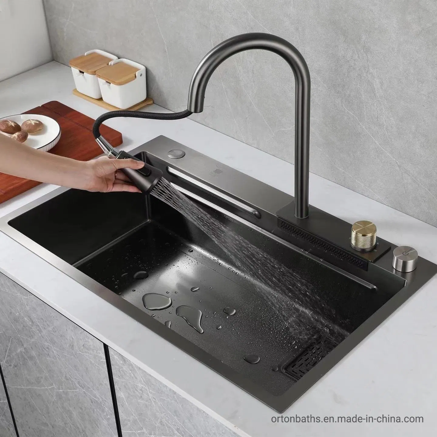 Ortonbath Waterfall Wash Multi-Function 304 Stainless Steel Large Kitchen Sink Workstation with Pull Down Cascade Rainfall Kitchen Faucet Sink Mixer