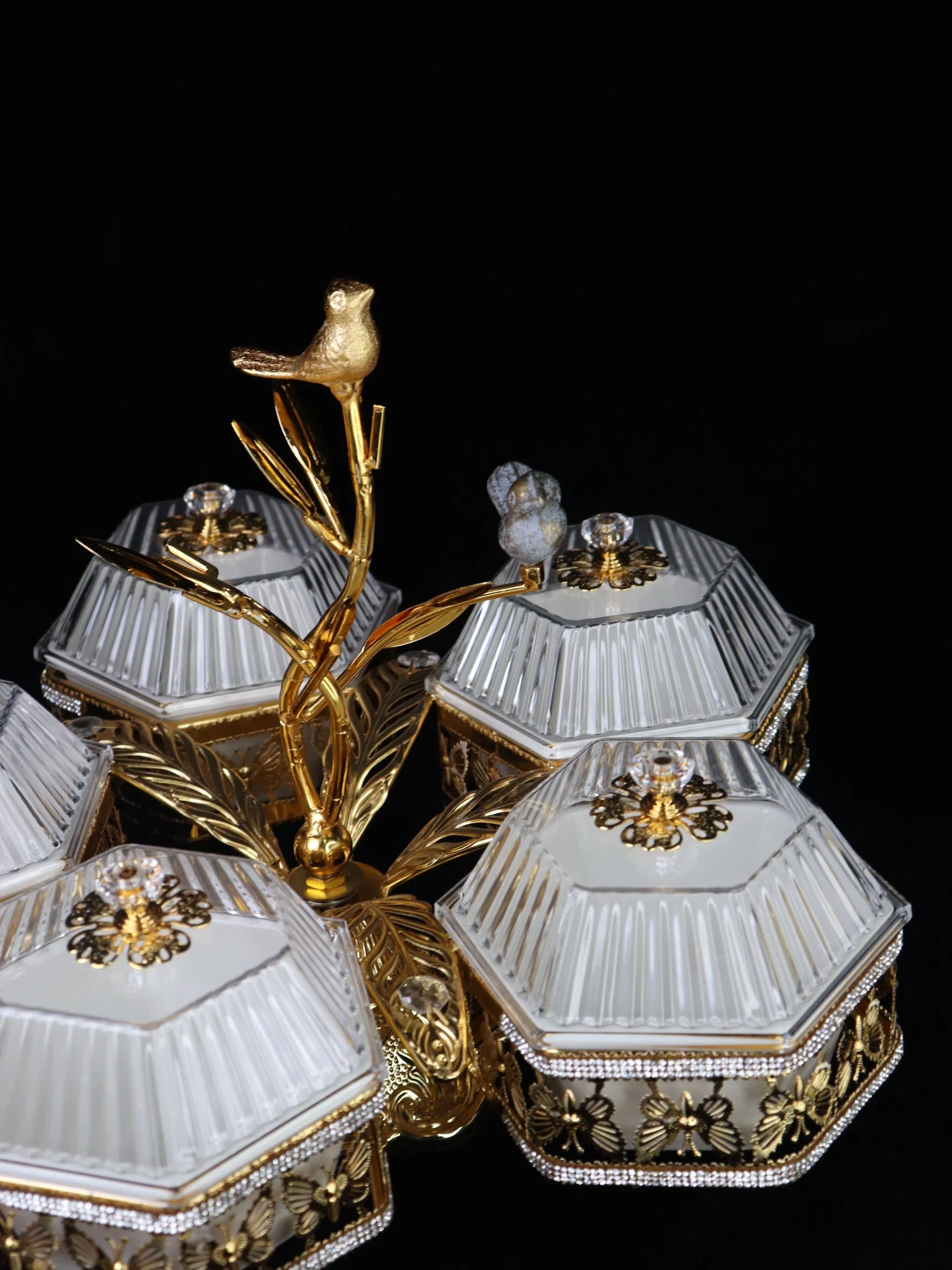Home Ornament Gold-Plated Iron Frame with 5 Hexagonal Plastic Bowl Sets
