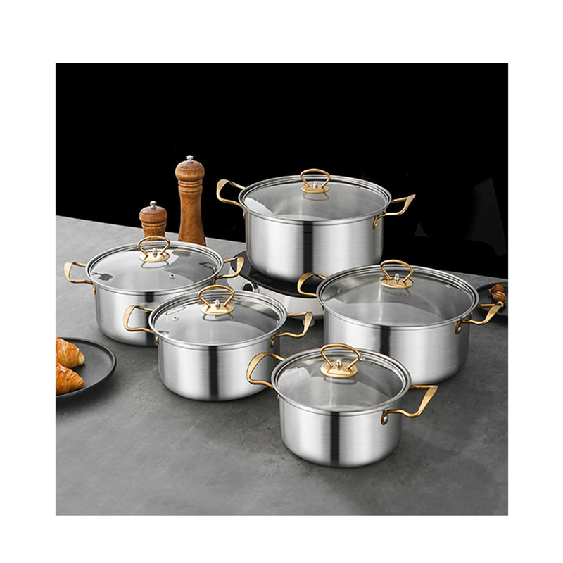 Cookware Pots for Cooking Set 5PCS Kitchen Stockpot Gold Handle Stainless Steel Cooking Pot Set
